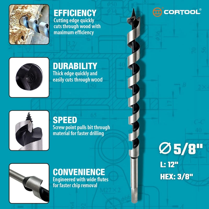 Cortool 5/8 Inch x 12 Inch Auger Drill Bit for Wood, Soft and Hard Wood Plastic Drywall with 3/8 Inch Hex Shank - Image 3